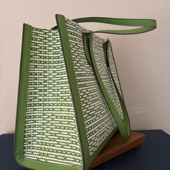 Kate Spade Ellie Green and White Woven Patterned Large Tote - Picture 3 of 10